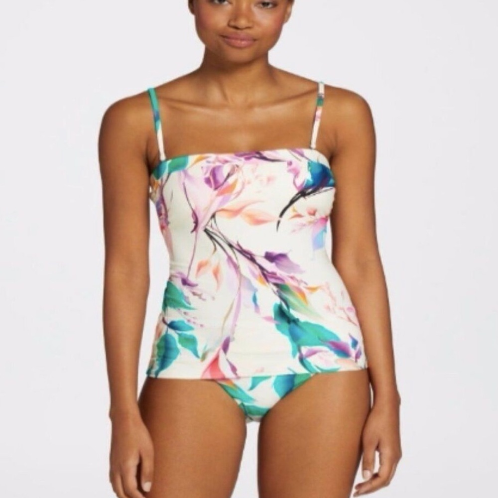 CALIA Bandeau Tankini Bikini Top Floral Multi Color White Pink Green Size Small